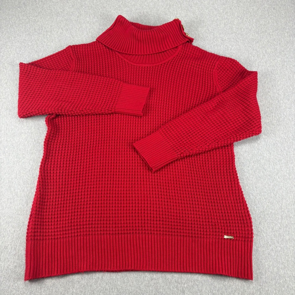 Calvin Klein Waffle Knit Turtleneck Sweater Womens XL Red Chunky‎ Long Sleeve